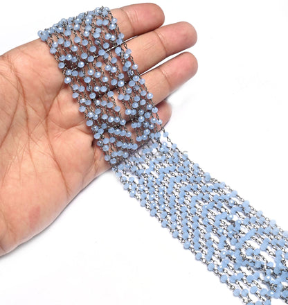 Fine Aqua Blue Chalcedony Hydro Rondelle Faceted Beads Rosary Chain,3mm Black Metal Plated Wire Wrap Beaded Gunmetal Chains Jewelry Necklace