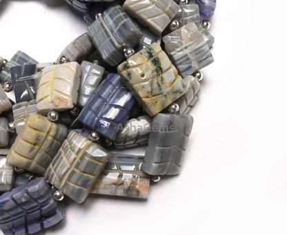 9" Shaded Grey Blue Opal carved Rectangle Shape Gemstone Beads, Opal carved Chicklet handmade Straight Drill Beads Jewelry making Craft SALE