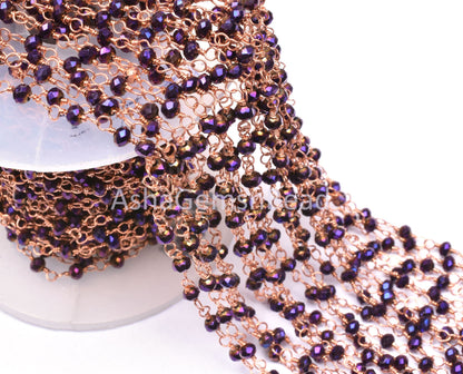 Beautiful Purple Mystic Pyrite Hydro Faceted Rondelle Beads Rosary Chain Rose Gold Plated Copper Wire Wrap handmade Chain Jewelry Making,3mm