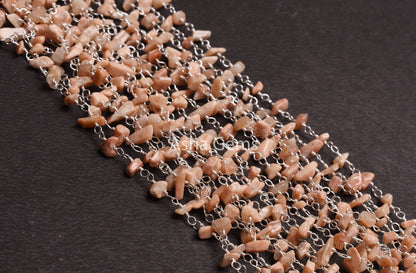 Natural Peach Moonstone Uncut Chip Beads Rosary Chain, Moonstone Raw Rough Gemstone Beaded Chain Silver Plated Wire Bulk Roll Chain Findings