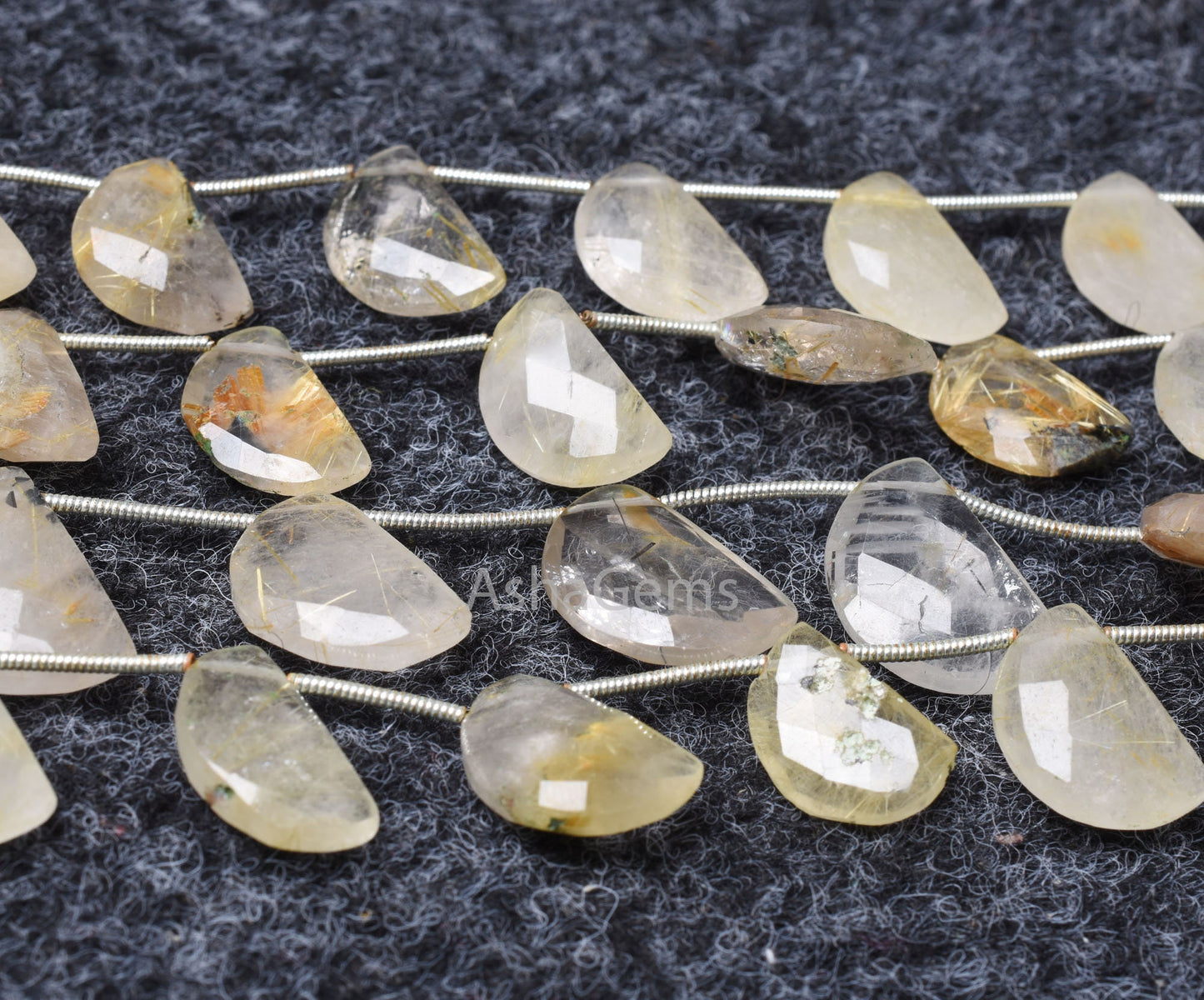 Natural Golden Rutile Fancy D Shape Faceted Gemstone Beads,7" Strand Rutile Half Moon Briolette Side Drill Beads, Golden Rutile Bead Jewelry