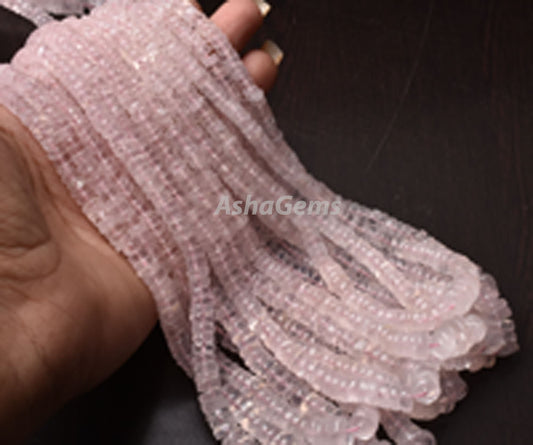 Natural Rose Quartz Smooth Heishi Tyre Gemstone Beads, Pink Rose Quartz, AAA Rose Quartz Bead Heishi Tyre Center Drill Rose Pink Wheel Beads