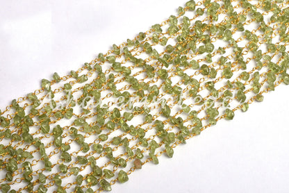 3,5,10,25 Feet Chain, Natural Green Peridot Uncut Chip Beads rosary Chain Gold Plated Wire Bulk Roll Smooth Gemstone Beaded Rosary Chain