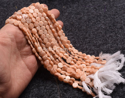 7 mm Fine Peach Moonstone Smooth Flat Coin Beads,13"Strand Moonstone Straight Drill Uneven Shape Coin Handmade Gemstone Bead, Pink Moonstone