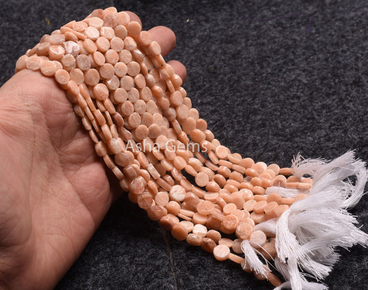 7 mm Fine Peach Moonstone Smooth Flat Coin Beads,13"Strand Moonstone Straight Drill Uneven Shape Coin Handmade Gemstone Bead, Pink Moonstone