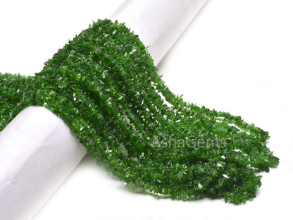 AAA Quality Natural Chrome Diopside Uncut Chips Raw Gemstone Beads,34" Strand Green Chrome Rough Smooth Tiny Chip Beads, Chrome Bead Jewelry