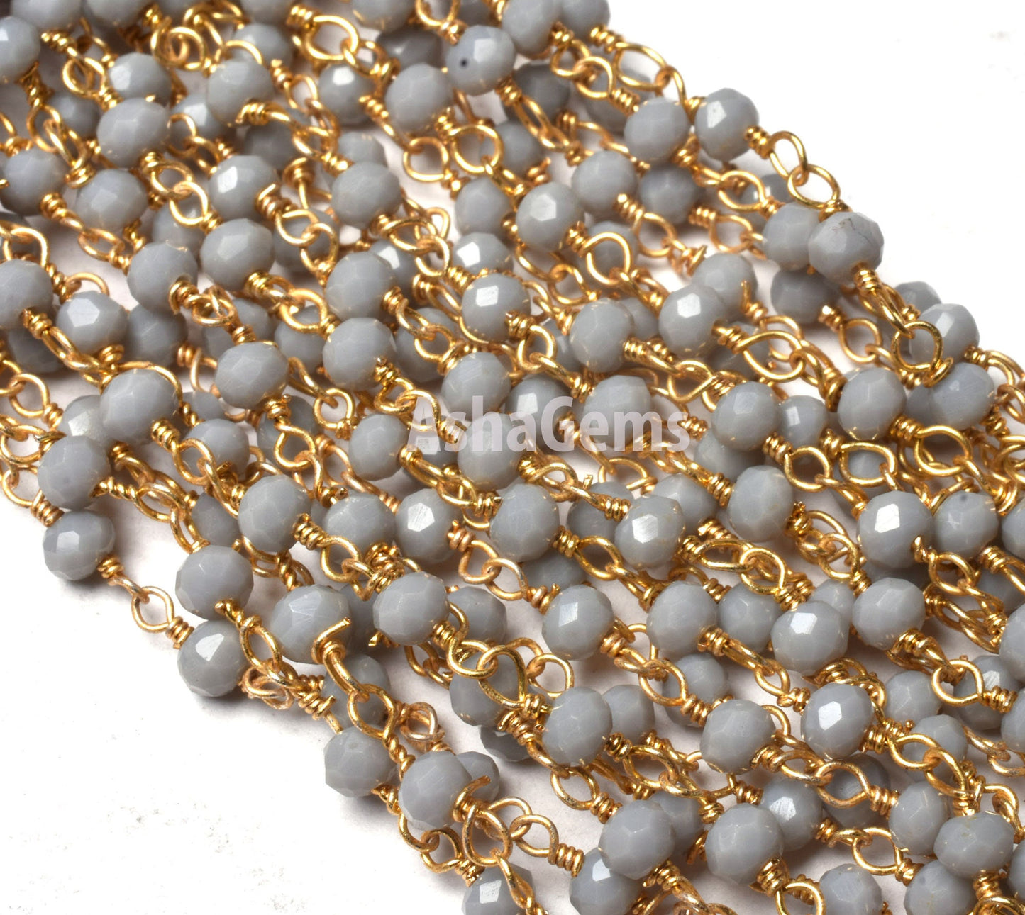 Grey Moonstone Hydro Beads Rosary Chain, Gold Plated Wire Wrap Jewelry Making Chain,3 mm Faceted Beads Chain Bulk Jewelry Making Craft SALE
