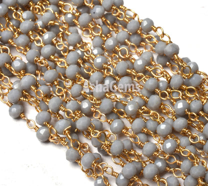 Grey Moonstone Hydro Beads Rosary Chain, Gold Plated Wire Wrap Jewelry Making Chain,3 mm Faceted Beads Chain Bulk Jewelry Making Craft SALE