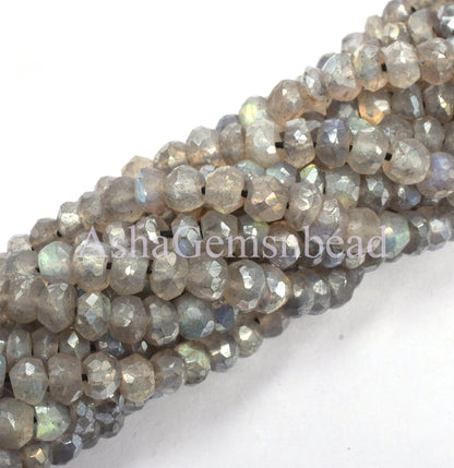 13"Strand Beautiful Natural Labradortie Silver Coated Micro Cut Rondelle Faceted Gemstone Beads 4 mm,Fine Quality,Jewellery Making Crafts