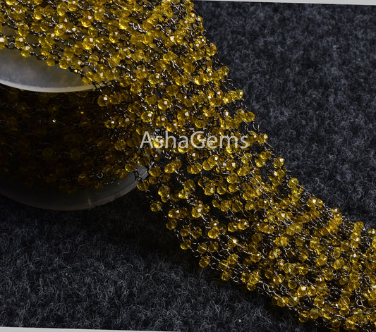 Beautiful Lemon Quartz Hydro Rondelle Faceted Beads Rosary Chain, Silver/Gold/Black/Copper Plated Wire Wrap handmade Rosary Chains Jewelry