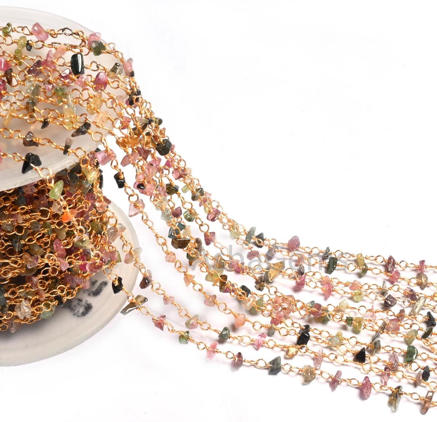 Beautiful Multi Tourmaline Uncut chips Chain, Natural Gemstone Uncut beads rosary chain Gold Plated wire Beaded Chain by Foot, Jewelry Craft