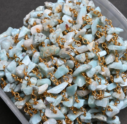 3,5,10,25,Ft Natural Blue Larimar Uncut Chip Beads Rosary Chain Gemstone Beads Chain,Smooth Nugget Beaded Chain,Gold Plated Wire,Finding,
