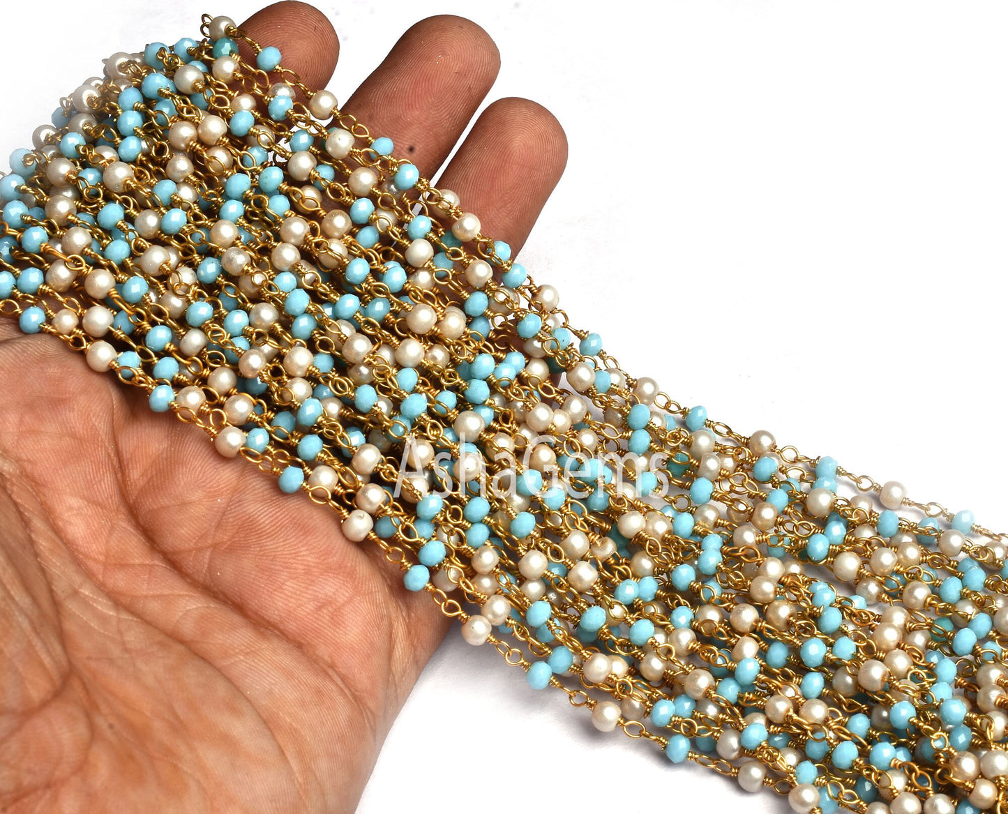 1,10,50 Foot Bulk Roll Rosary Chain Pearl Blue Turquoise Hydro Faceted Rondelle Beads Chain Gold Plated wire Multi Color Beaded Chain Rosary