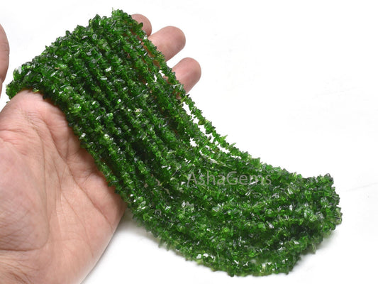 AAA Quality Natural Chrome Diopside Uncut Chips Raw Gemstone Beads,34" Strand Green Chrome Rough Smooth Tiny Chip Beads, Chrome Bead Jewelry