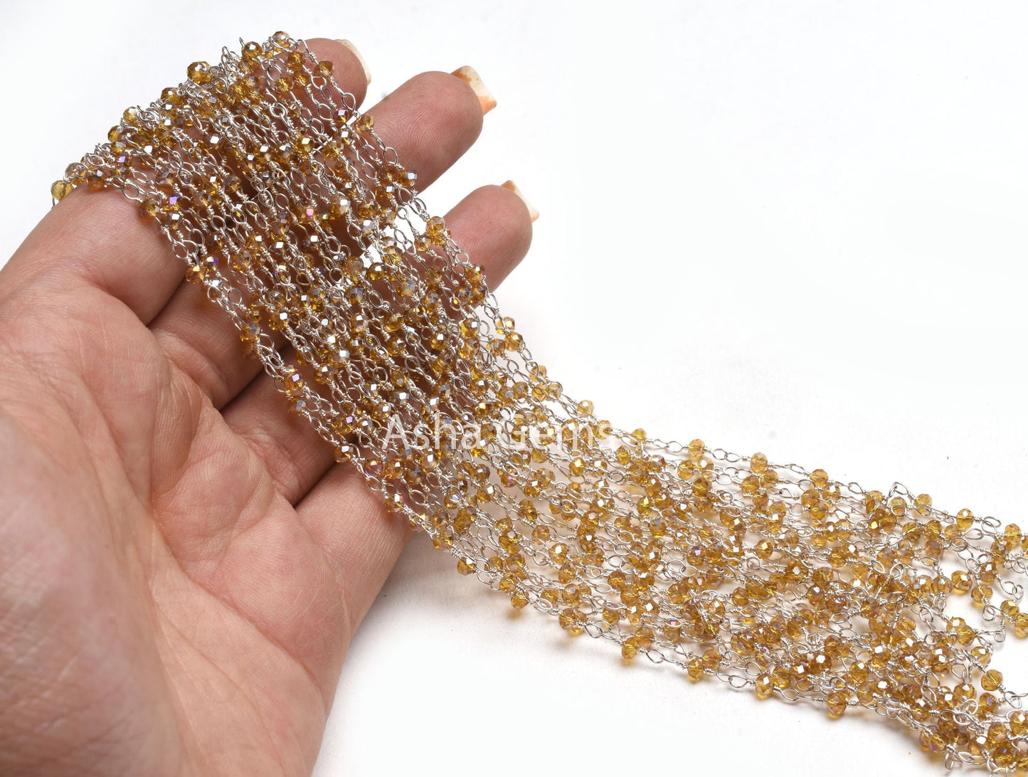 AAA Quality Brown Quartz Hydro Silver Coated Beads Rosary Chain, Silver Plated Wire Faceted Rondelle Beads handmade Chain Jewelry Craft SALE