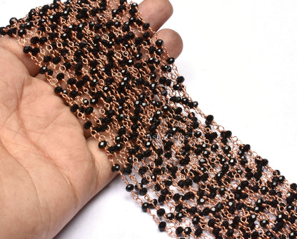 3,10,25 Foot Roll Rose Gold Plated Black Onyx Hydro Rosary Chains Faceted Rondelle Beaded Jewelry Making Finding Wire Wrapped Chain Jewelry
