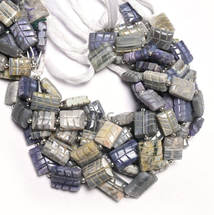 9" Shaded Grey Blue Opal carved Rectangle Shape Gemstone Beads, Opal carved Chicklet handmade Straight Drill Beads Jewelry making Craft SALE