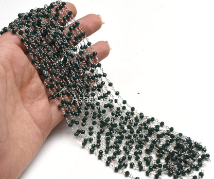 1,3,5,10,50 Ft Green Emerald Hydro Faceted Rondelle Beaded Rosary Chain,Silver,Rose Gold Plated Wire,Jewelry Making Finding,Chain 3-3.5mm