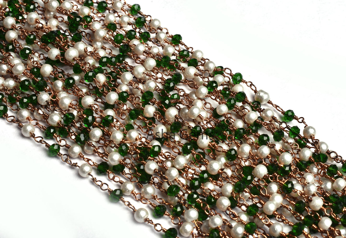Chain White Pearl Chrome Diopside Hydro Beads Rosary Chain, Rose Gold Plated Wire Wrapped Jewelry Necklace making Chain 3 mm Handmade Chain