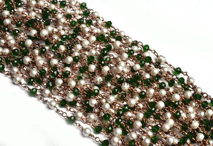 Chain White Pearl Chrome Diopside Hydro Beads Rosary Chain, Rose Gold Plated Wire Wrapped Jewelry Necklace making Chain 3 mm Handmade Chain
