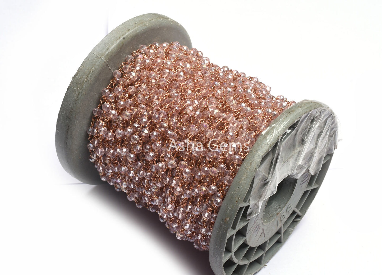 Beautiful Pink Rose Quartz Hydro Faceted Beads Rosary Chain Rose Gold Plated Copper Wire Wrap Beaded Rondelle Chain Rosary Jewelry Craft 3mm