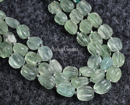 Natural Fluorite Carved Gemstone Beads,8" Strand Green Fluorite Fancy Carving Nugget Beads, Fluorite Carve Bead Handmade Puff Oval Beads
