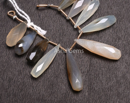 Multi White Grey Brown Chalcedony Fancy Long Drop Faceted Beads, Shaded Mix Color Chalcedony Pencil Teardrop Briolette Gemstone Bead Jewelry