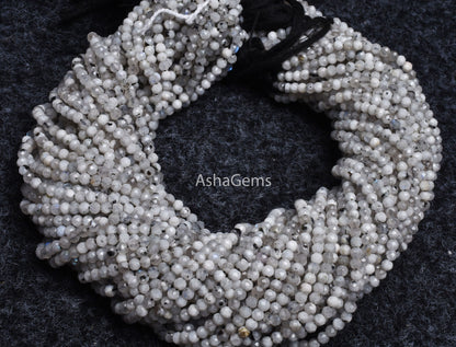 3 mm Rare Moss rainbow Moonstone Faceted Rondelle Beads, Natural Black Dot White Rainbow Machine Cut Gemstone Beads, Blue Fire Rainbow Beads