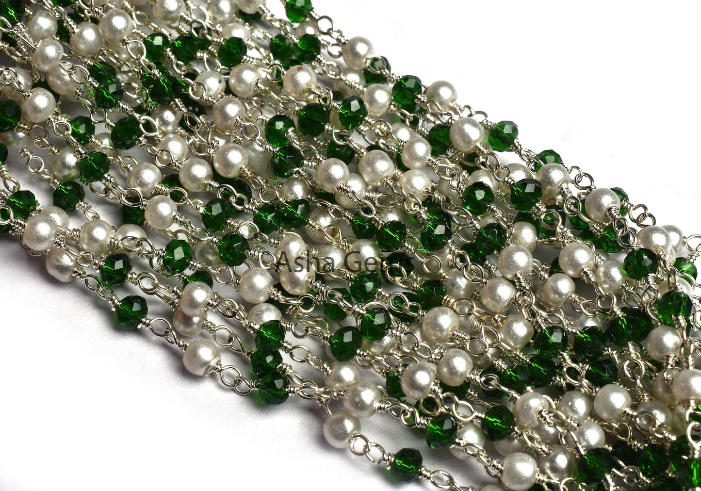 SALE 3,10,25,50 Foot Pearl Chrome Diopside Hydro Beads Rosary Chain Silver Plated Wire Wrap Faceted Rondelle Beaded Chain Jewelry Making DIY