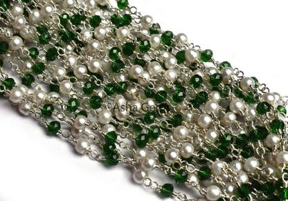 SALE 3,10,25,50 Foot Pearl Chrome Diopside Hydro Beads Rosary Chain Silver Plated Wire Wrap Faceted Rondelle Beaded Chain Jewelry Making DIY
