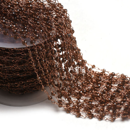 Beautiful Smoky Quartz Hydro faceted Beads Rosary Chain, Rose Gold Plated Wire Wrap Rondelle Beaded Chain handmade For Jewelry Necklace SALE