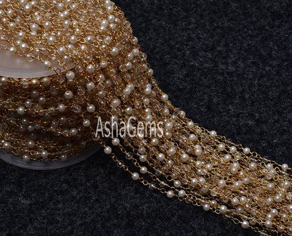 5,10,50 Foot Pearl Clear Crystal Quartz Hydro Faceted Rondelle Beads Rosary Chain Gold Plated Wire Beaded Chain,Finding Jewelry Making Craft