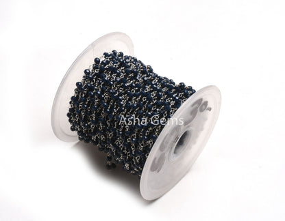1,3,5,10 Ft Blue Sapphire Hydro Faceted Rondelle Beaded Rosary Chain,Silver,Black Plated Wire,Jewelry Making Chain 3-3.5mm,Bulk Crafts Chain