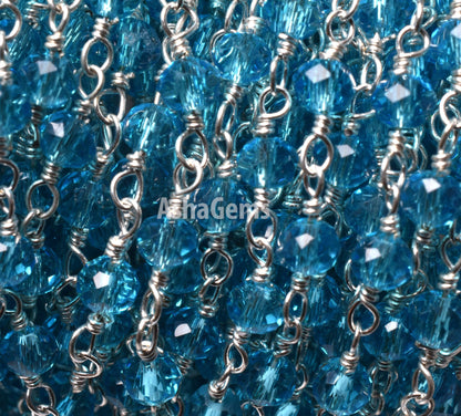 Beautiful Blue Topaz Hydro Faceted Rondelle Beads Rosary Chain 3-3.5 mm Rosary handmade Beaded Chains Roll Wire Wrap Jewelry Making Necklace Crafts