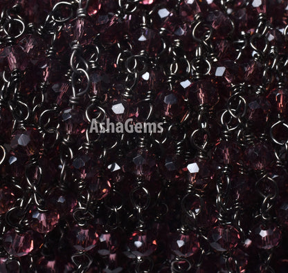 SALE 3,5,10,25 Ft Rhodolite Garnet Hydro Faceted Rondelle Beaded Rosary Chain Black Plated Wire,Jewelry Making Finding, Chain 3-3.5mm