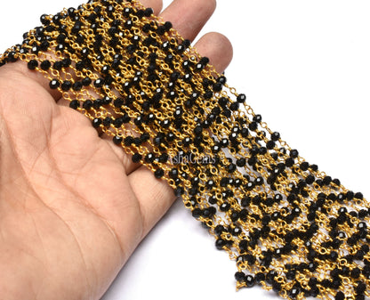 3,5,10,25,50 Feet Roll Bulk, Gold Plated Wire,Faceted Rondelle, Black Spinel Hydro Rosary Chain, Jewelry Making Chain,Finding, Wire Wrapped