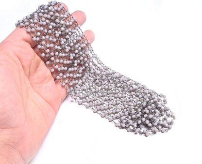 AAA Grey Moonstone Hydro Faceted Beads Rosary Chain By Feet,3 mm Black Plated Gunmetal Wire Wrap Rondelle Beaded Chain Jewelry making Crafts