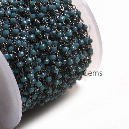 Black Metal Plated Light Neon Blue Apatite Hydro Beaded Rosary Chain 3,10,25,50 Feet Faceted Rondelle Chain 3-3.5 mm Finding Jewelry Chain