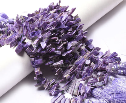 Natural Purple Charoite Raw Rough Slice Gemstone Beads,8.5" Strand Natural Charoite Uneven Free Size Long Chip Smooth Beads Charoite Jewelry
