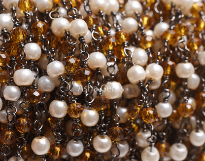 Beautiful White Pearl Brown Quartz Hydro Beads Rosary Chain, Black Plated Wire Wrapped Faceted Rondelle Bead Chain Roll Jewelry making Craft