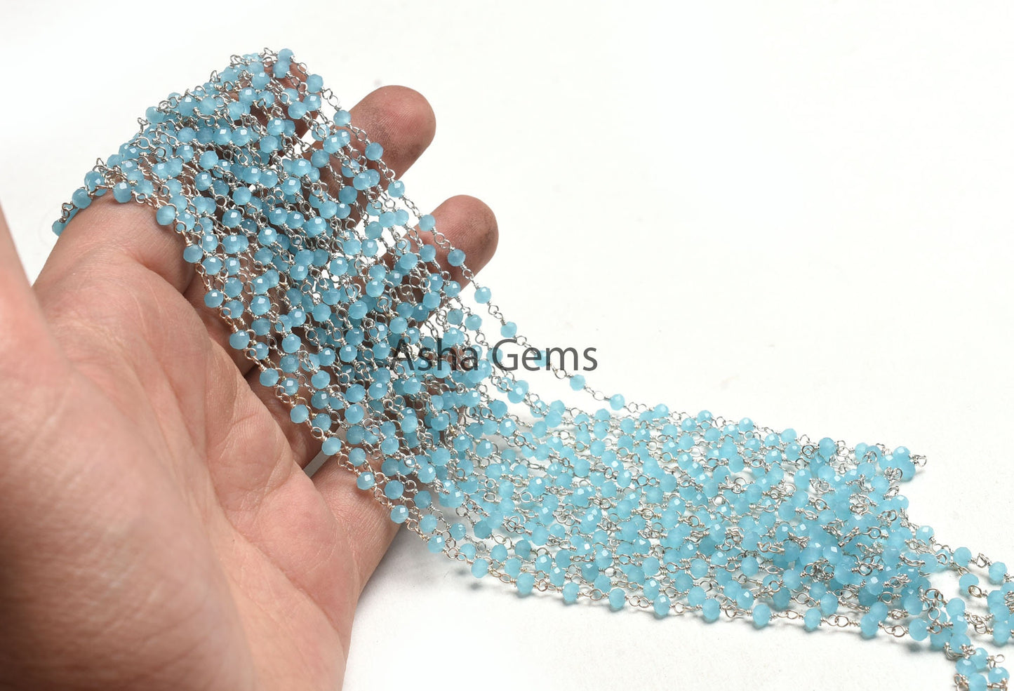 1,5,10,50Feet Chain Blue Milky Aqua Chalcedony Hydro Beads Rosary Chain Faceted Rondelle Silver Plated Wire Bulk Roll Findings Beaded Chains