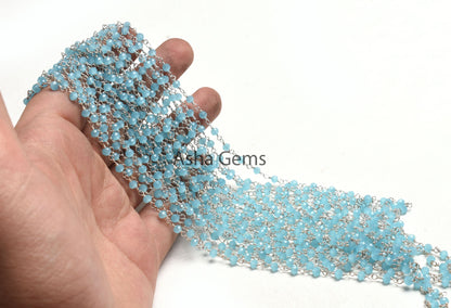 1,5,10,50Feet Chain Blue Milky Aqua Chalcedony Hydro Beads Rosary Chain Faceted Rondelle Silver Plated Wire Bulk Roll Findings Beaded Chains