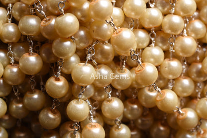 6 mm Beautiful Milky Pearl Hydro smooth Beads Rosary Chain By Feet Silver, Gold Plated Pearl Wire Wrap Beaded Handmade Chain Jewelry Makings