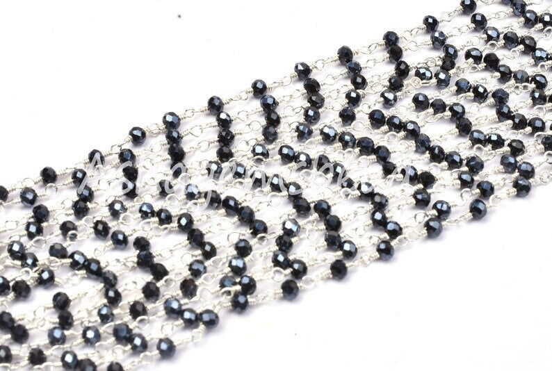 AAA Black Spinel Hydro Silver Coated Beads Rosary Chain By Feet,3mm Silver Plated Wire Wrap Bulk Roll Micro Cut Beads Chain Jewelry Necklace