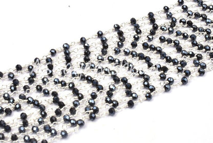 AAA Black Spinel Hydro Silver Coated Beads Rosary Chain By Feet,3mm Silver Plated Wire Wrap Bulk Roll Micro Cut Beads Chain Jewelry Necklace