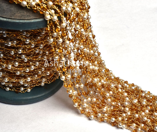 Multi Pearl brown Quartz Hydro Rondelle Beads Rosary Chain By Foot, Gold Plated Wire Wrap Bulk Roll Chain handmade Jewelry making Craft sale