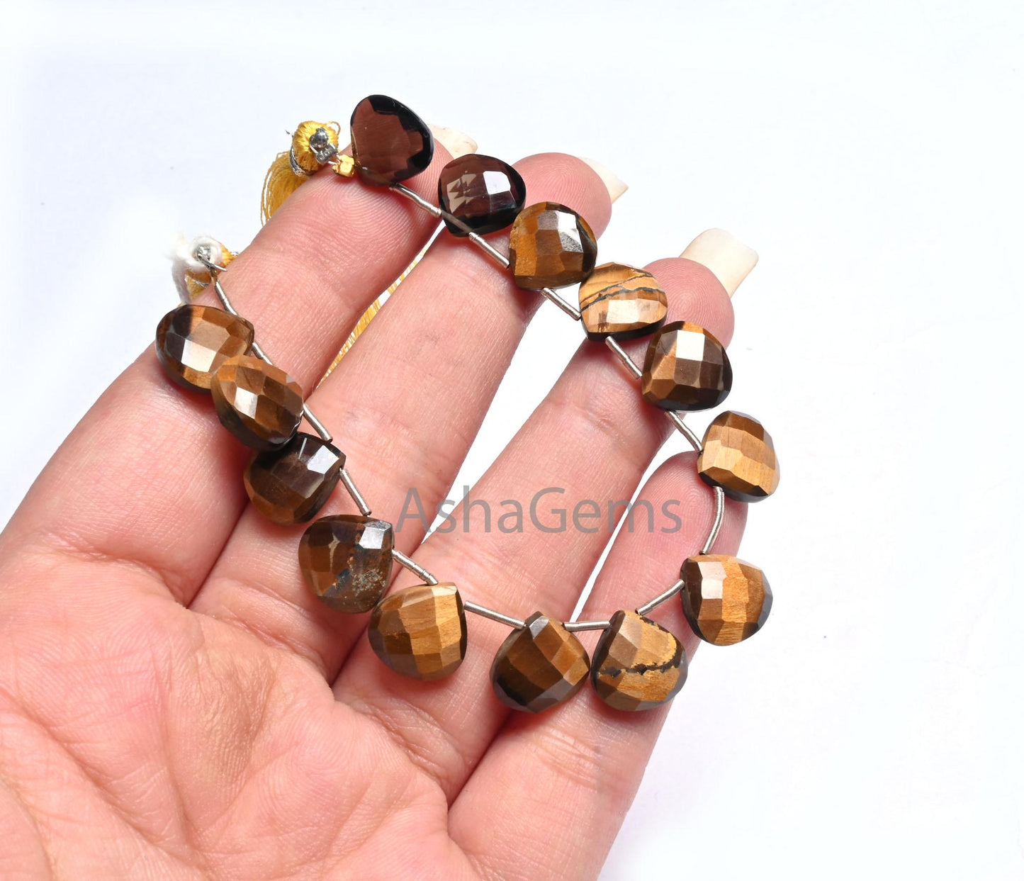Beautiful Tiger Eye Faceted Heart Shape Beads,11 mm natural Tiger eye+ 2 Piece Smoky quartz Heart Briolette Gemstone Bead Jewelry Craft SALE (AG 18613)