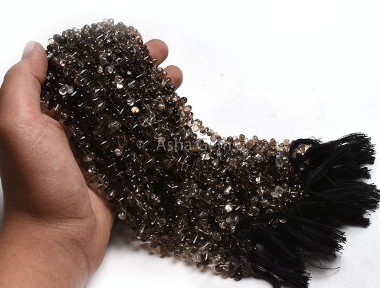 Natural Smoky Smooth Side Drill Drops Gemstone Beads,13" Strand Shaded Smoky Quartz Plain Handmade Uneven Teardrop Beads Drop Jewelry Making