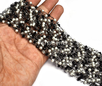 1,5,10,25 feet Beautiful Pearl, Black Spinel Hydro Beads Rosary Chain, Black Metal Plated Multi Color Rondelle Beaded Gunmetal Chain Jewelry