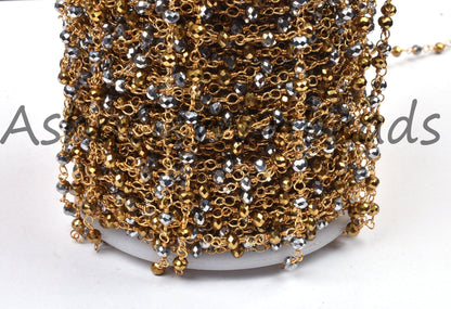 1,3,5,10 Ft, Silver Pyrite Hydro Faceted Rondelle Beaded Rosary Chain Gold Plated Wire Jewelry Making Finding,3-3.5mm Pyrite Hydro Chain